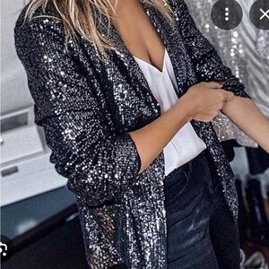 autres filles Black Sequin Open-Front Jacket 3/4 Sleeve